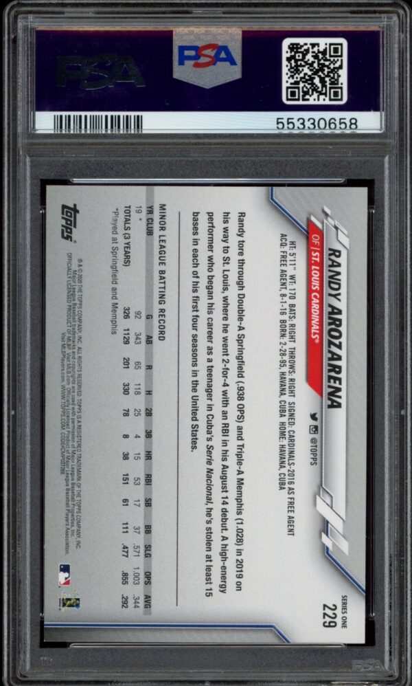 PSA-graded Randy Arozarena 2020 Topps Series 1 trading card #229, encased for preservation.