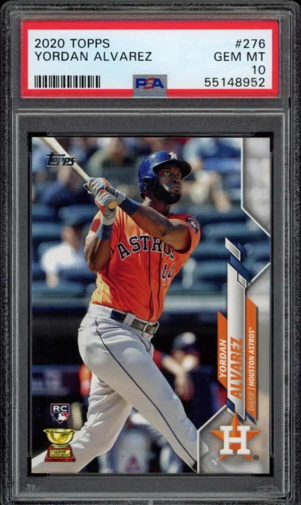 PSA-graded 2020 Topps Rookie card of Yordan Alvarez, Houston Astros player, in action.