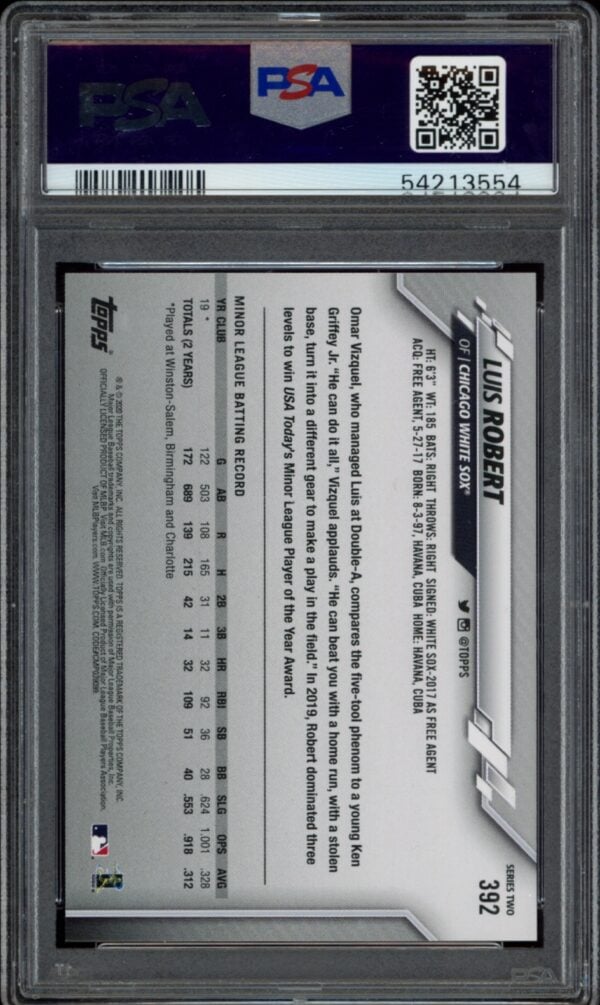 Back of 2020 Topps Series 2 Luis Robert card, PSA GEM MT 10 grade.