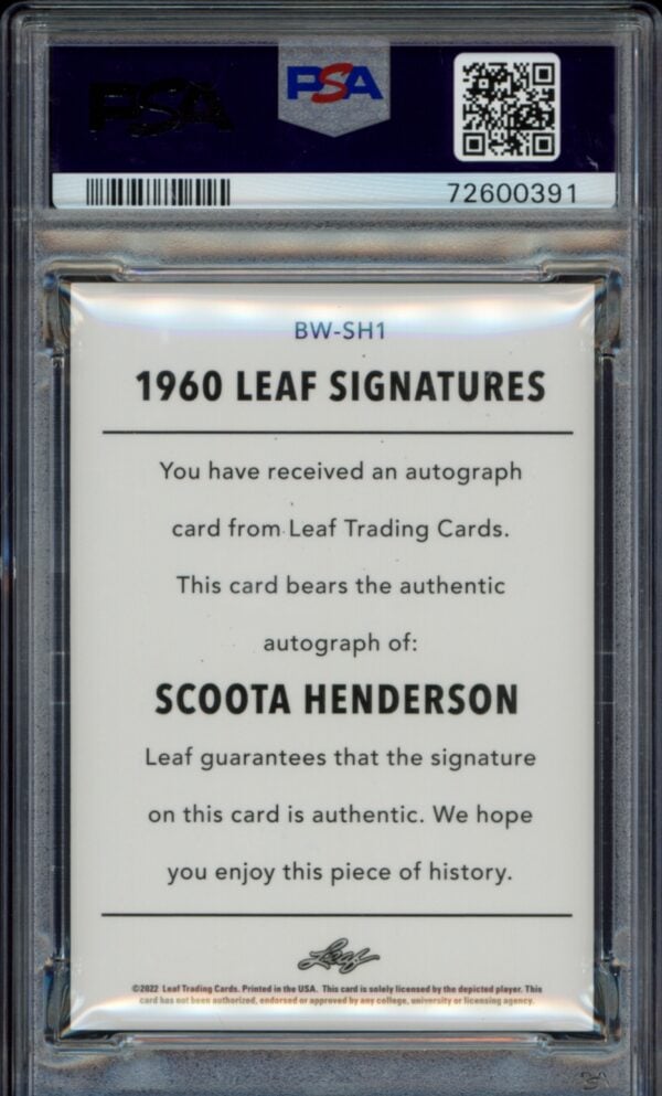 PSA-graded Scoota Hendersons signature on 1960 Leaf Trading Card, certified and encased for collectors.