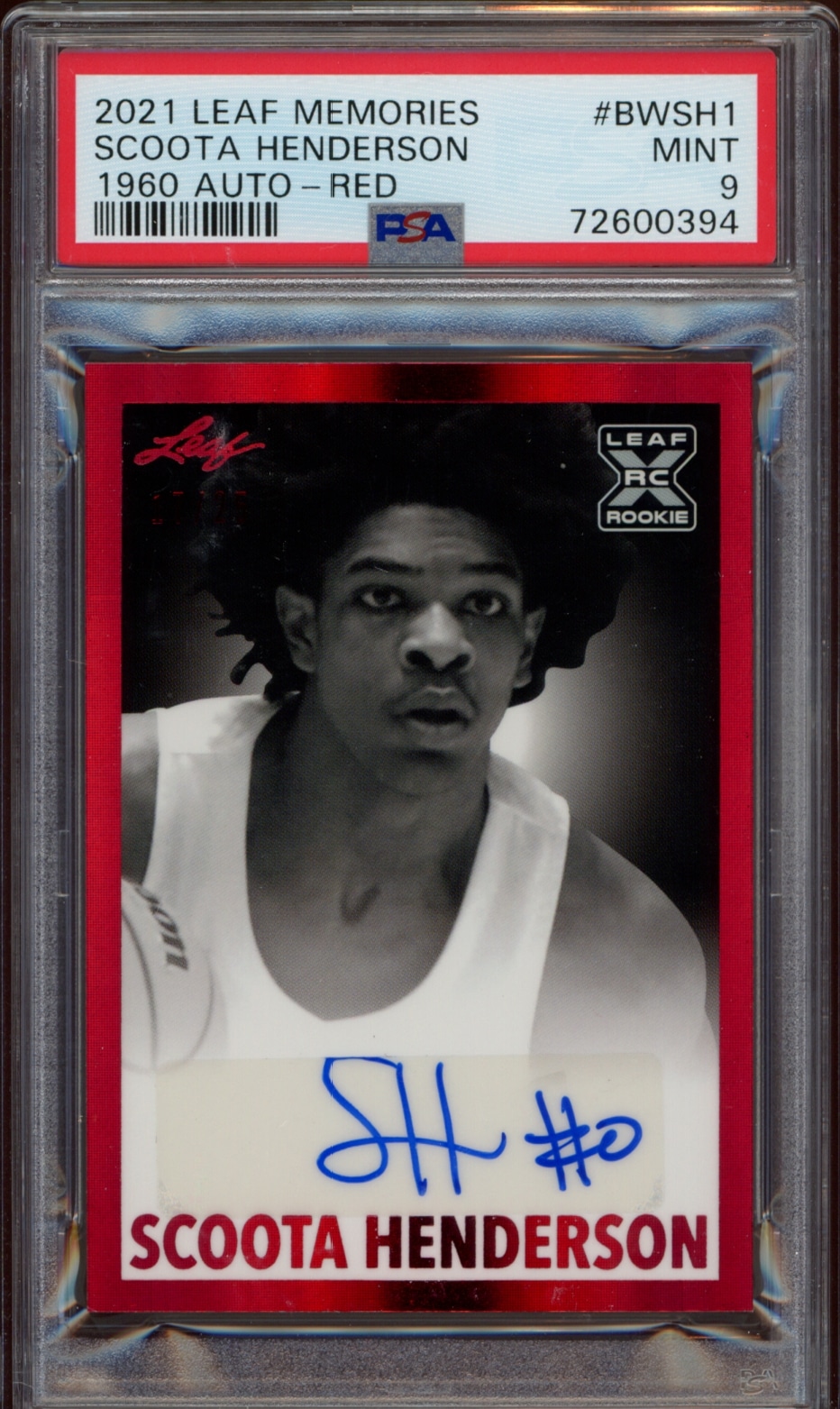 Scoota Hendersons 2021 Leaf Memories trading card with red design, autograph, and PSA 9 rating.
