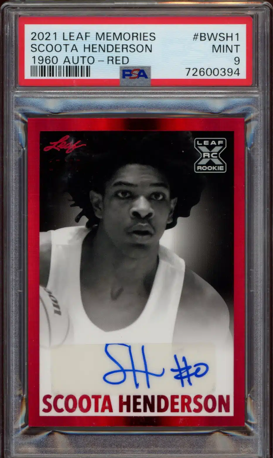 2021-22 Leaf Memories Scoota Henderson 1960 Leaf Signatures Red #BW-SH1 (/25) (Auto) (PSA 9) (Front)
