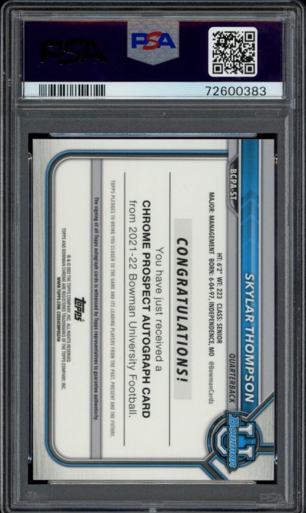 PSA-graded Skylar Thompson 2021 Bowman University Autographed Gold Refractor Card in case.