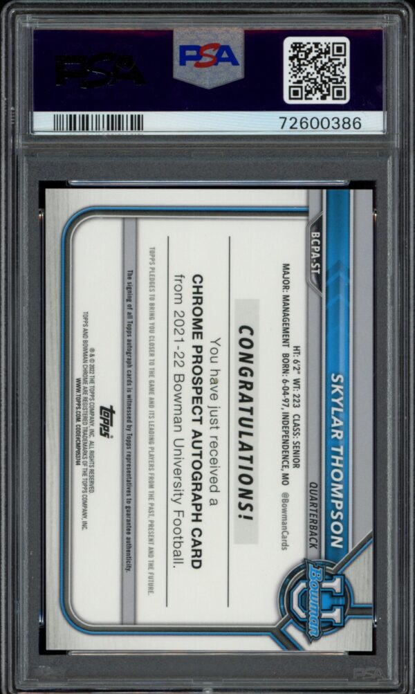 PSA-graded Skylar Thompson autograph card from 2021 Bowman University Chrome Prospects series.