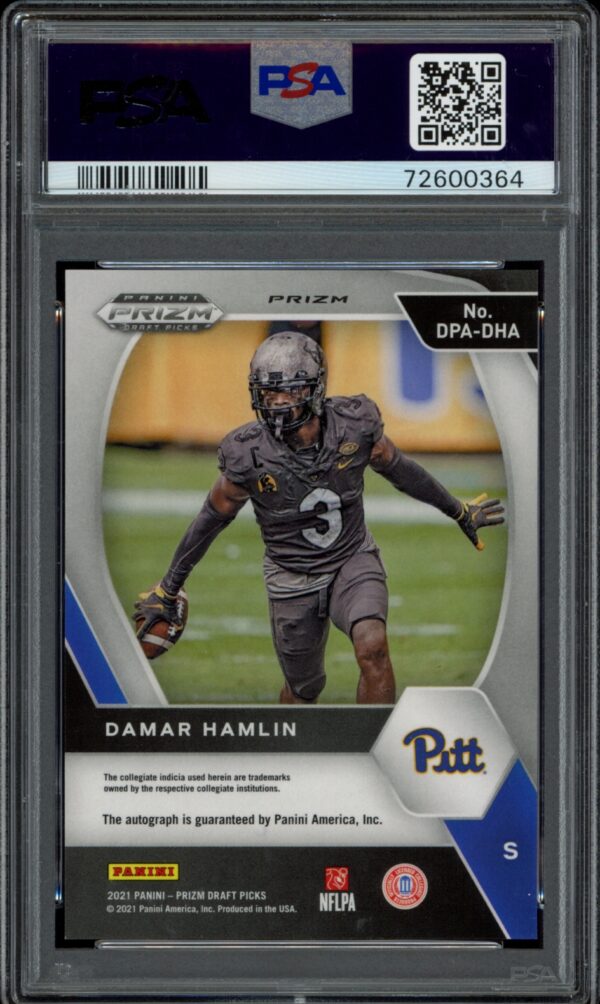 Damar Hamlin action shot on 2021 Panini Prizm Draft Picks card, PSA-graded.