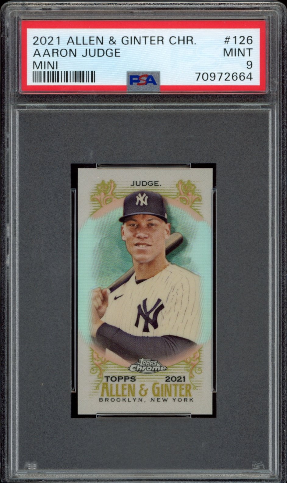 Mint condition 2021 Topps Allen & Ginter Chrome card of Yankees Aaron Judge.