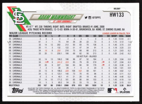 2021 Topps Holiday Adam Wainwright #HW133 (Back)