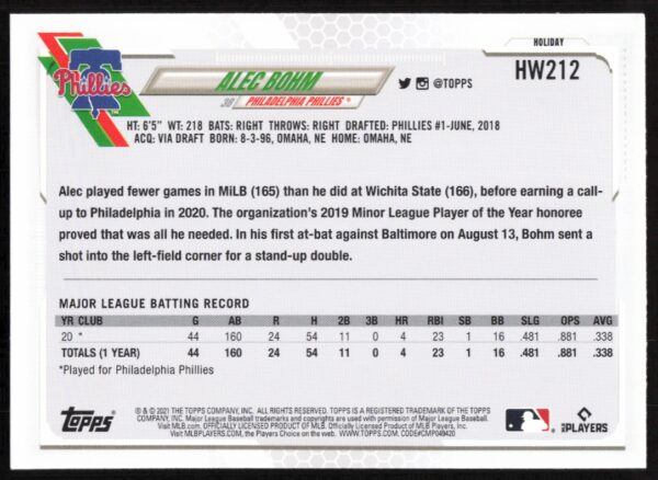 2021 Topps Holiday Alec Bohm #HW212 (Back)