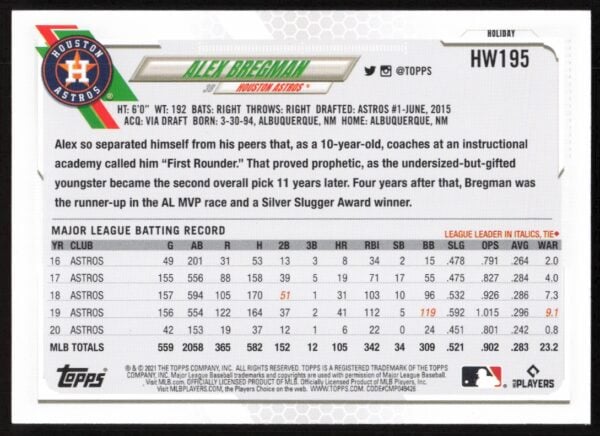 2021 Topps Holiday Alex Bregman (Candy Canes and Stockings on Sleeve) #HW195 (Back)