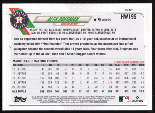 2021 Topps Holiday Alex Bregman #HW195 (Back)