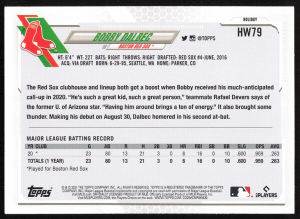 2021 Topps Holiday Bobby Dalbec #HW79 (Back)