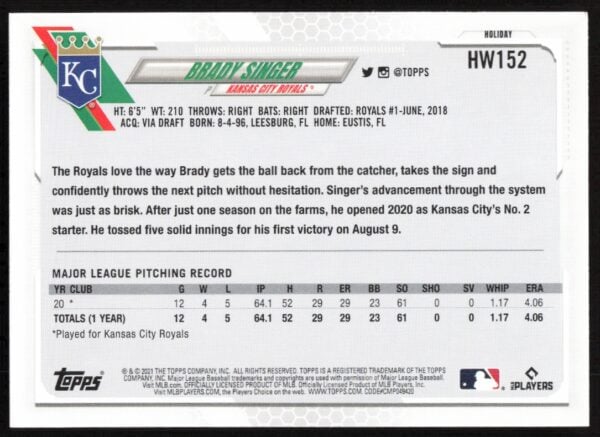 2021 Topps Holiday Brady Singer #HW152 (Back)