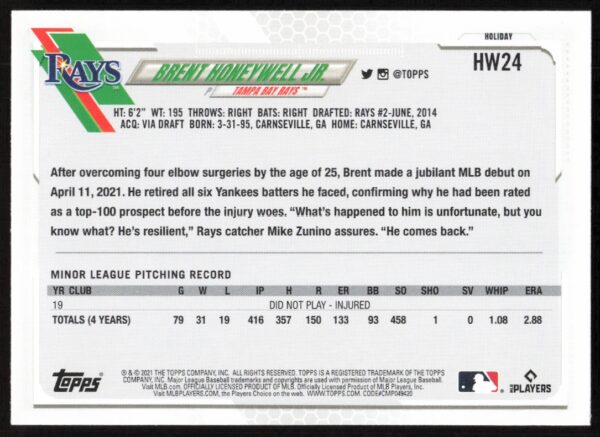 2021 Topps Holiday Brent Honeywell Jr. #HW24 (Back)