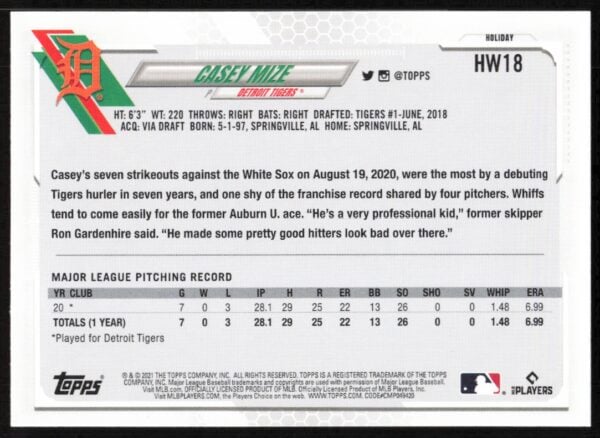 2021 Topps Holiday Casey Mize #HW18 (Back)