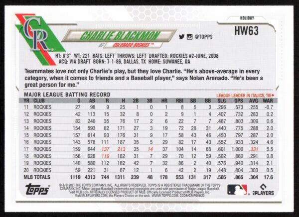 2021 Topps Holiday Charlie Blackmon #HW63 (Back)