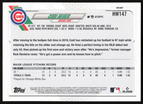 2021 Topps Holiday Codi Heuer #HW147 (Back)