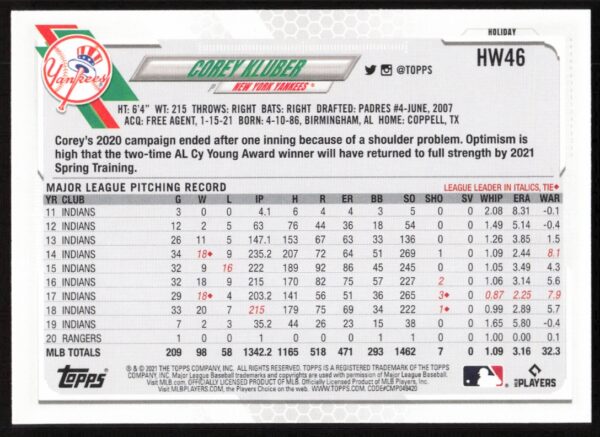 2021 Topps Holiday Corey Kluber #HW46 (Back)