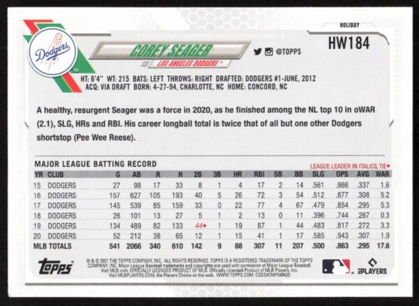 2021 Topps Holiday Corey Seager #HW184 (Back)