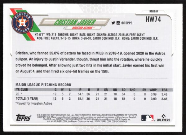 2021 Topps Holiday Cristian Javier #HW74 (Back)