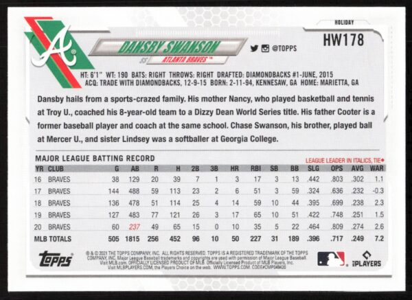 2021 Topps Holiday Dansby Swanson #HW178 (Back)