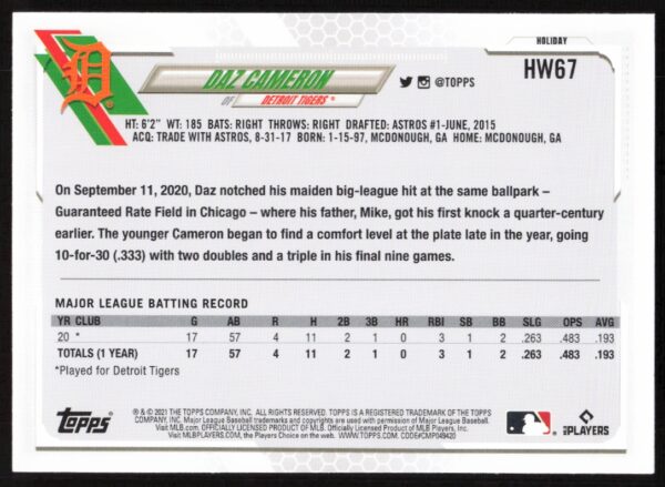 2021 Topps Holiday Daz Cameron #HW67 (Back)