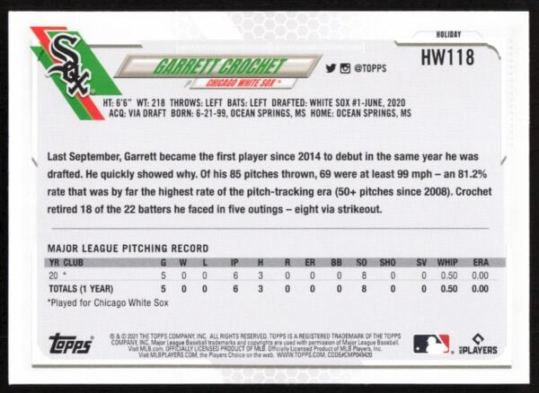 2021 Topps Holiday Garrett Crochet #HW118 (Back)