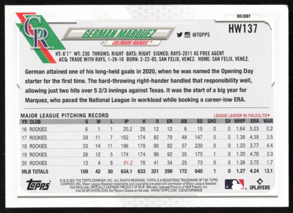 2021 Topps Holiday German Marquez #HW137 (Back)