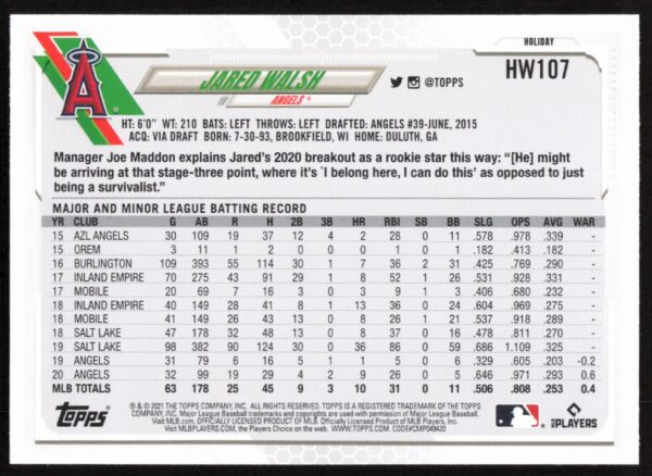 2021 Topps Holiday Jared Walsh #HW107 (Back)