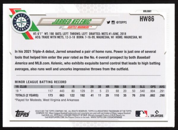 2021 Topps Holiday Jarred Kelenic #HW86 (Back)