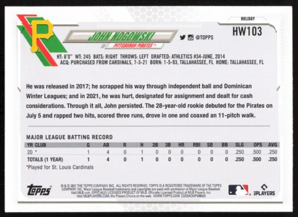 2021 Topps Holiday John Nogowski #HW103 (Back)