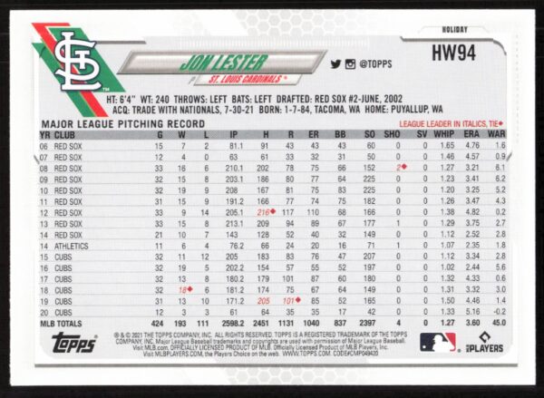 2021 Topps Holiday Jon Lester #HW94 (Back)