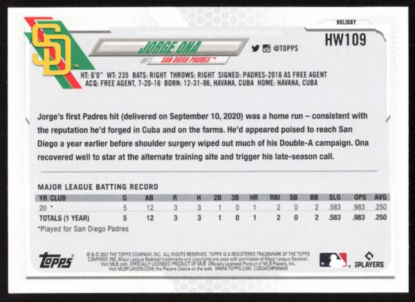 2021 Topps Holiday Jorge Ona #HW109 (Back)