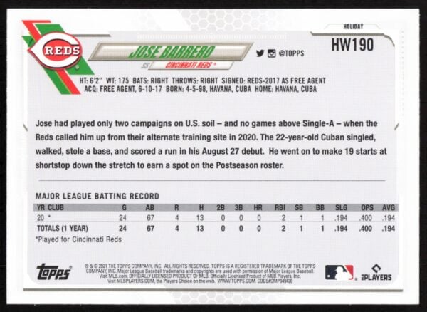 2021 Topps Holiday Jose Barrero #HW190 (Back)