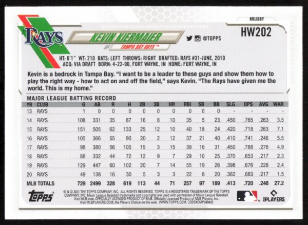 2021 Topps Holiday Kevin Kiermaier #HW202 (Back)