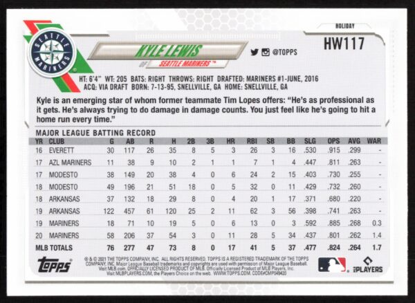 2021 Topps Holiday Kyle Lewis #HW117 (Back)