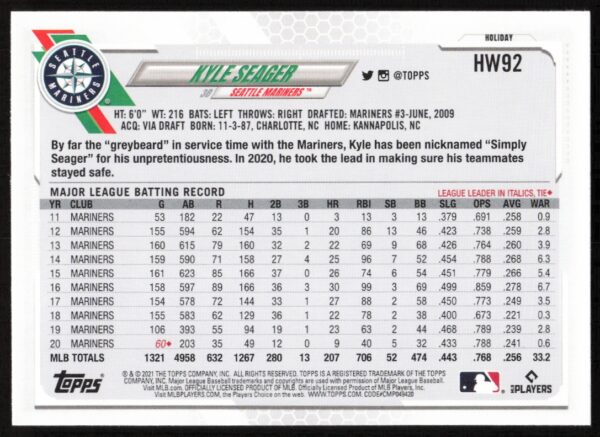 2021 Topps Holiday Kyle Seager #HW92 (Back)