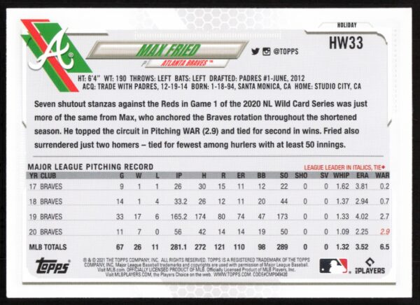 2021 Topps Holiday Max Fried #HW33 (Back)