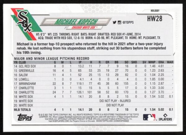 2021 Topps Holiday Michael Kopech #HW28 (Back)