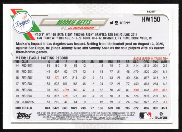 2021 Topps Holiday Mookie Betts #HW150 (Back)