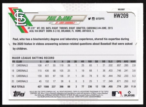 2021 Topps Holiday Paul DeJong #HW209 (Back)