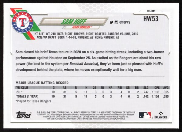 2021 Topps Holiday Sam Huff #HW53 (Back)