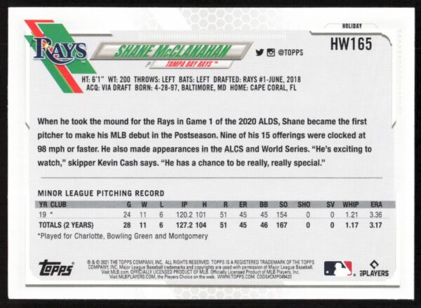 2021 Topps Holiday Shane McClanahan #HW165 (Back)