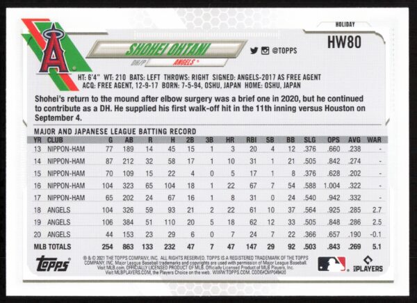 2021 Topps Holiday Shohei Ohtani #HW80 (Back)