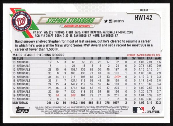 2021 Topps Holiday Stephen Strasburg #HW142 (Back)