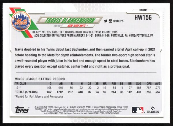 2021 Topps Holiday Travis Blankenhorn #HW156 (Back)