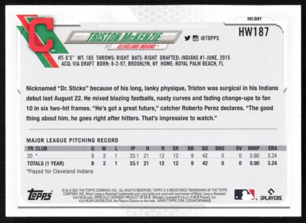 2021 Topps Holiday Triston McKenzie #HW187 (Back)