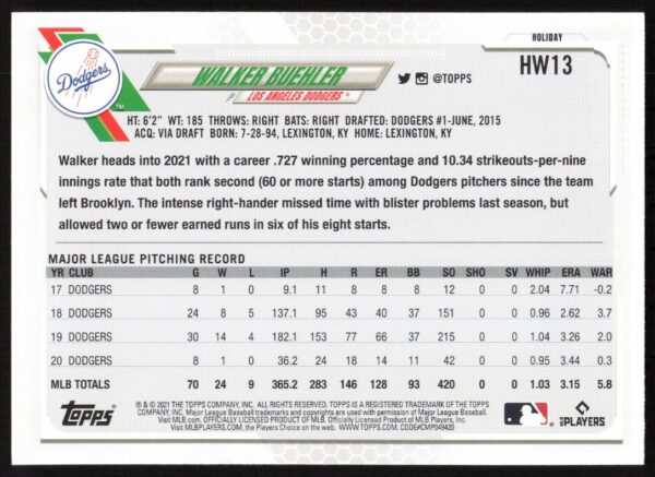 2021 Topps Holiday Walker Buehler #HW13 (Back)