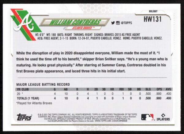 2021 Topps Holiday William Contreras #HW131 (Back)