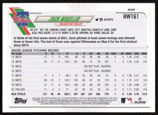 2021 Topps Holiday Zack Wheeler #HW161 (Back)