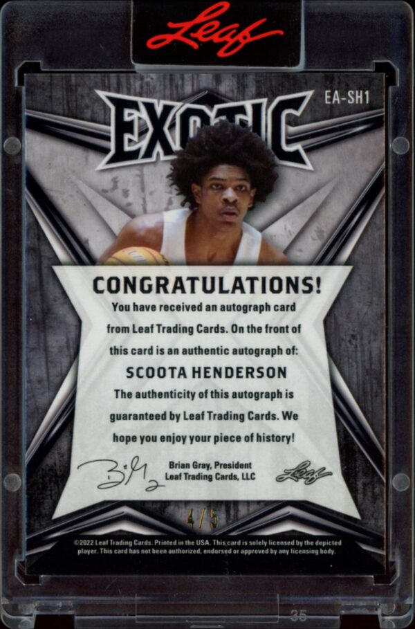 2022-23 Leaf Exotic Scoota Henderson Turtle #EA-SH1 (/5) (Auto) (Back)